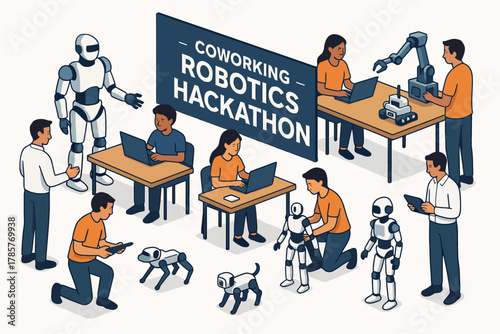 Diverse team collaborates with robots in robotics hackathon workspace