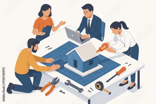 Diverse team collaborating on architectural model construction