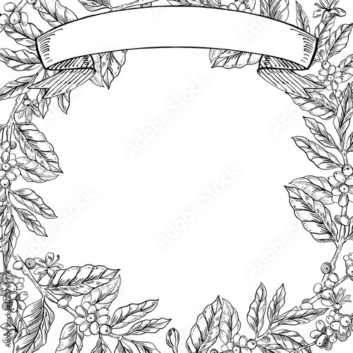 A square frame with coffee branches and a banner. Realistic vector illustration for coffee shop menus, interiors, price tags, and product packaging.