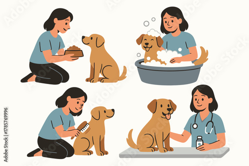Caring asian female grooming and vet caring for happy dog