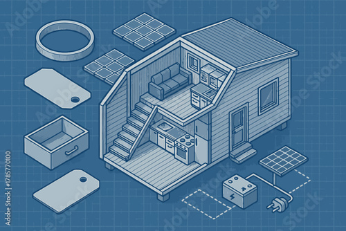 Isometric tiny house blueprint with interior and solar panels on grid background