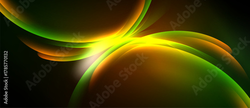 Abstract floral design. Vibrant green, yellow, orange hues blend. Smooth curves create dynamic, flowing composition. Dark background emphasizes luminosity.