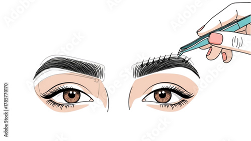 Close-up of woman's eyes and eyebrows being shaped with tweezers