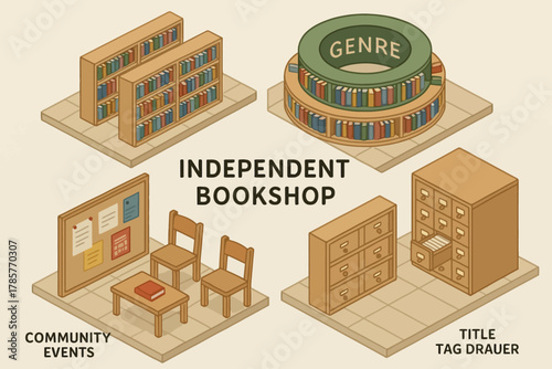 Cozy independent bookshop with genre display and community events space