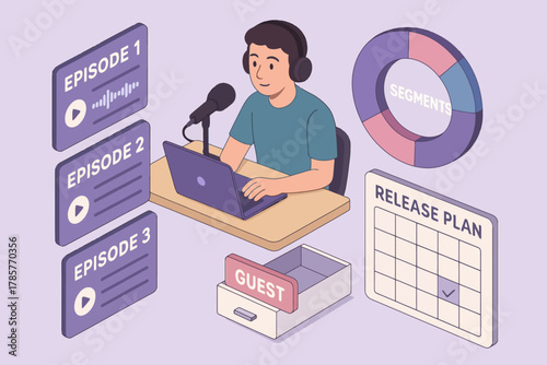 Young caucasian male podcaster recording episodes with laptop and microphone