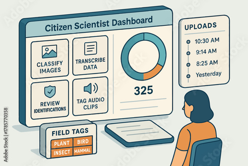 Citizen scientist dashboard with uploads and field tags in a research monitoring system