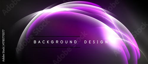 Abstract purple light streaks form flowing shapes. Background features text background, design. Dark space surrounds luminous curves.