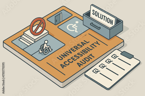 Universal accessibility audit concept with wheelchair symbol and solutions
