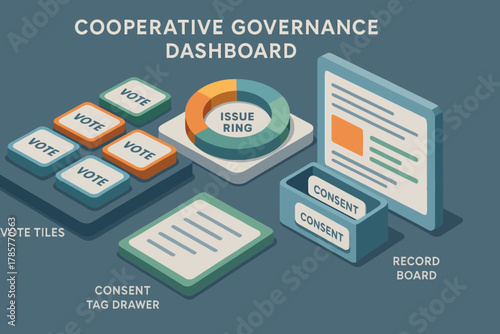 Cooperative governance dashboard with interactive vote tiles and consent tag drawer