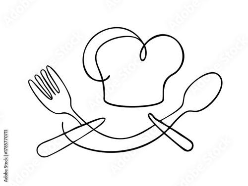 Continuous Line Drawing Chef Hat Spoon Fork Emblem. Professional Cooking Culinary Symbol Vector Art.
