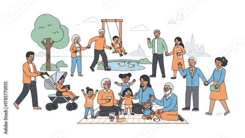 Diverse Family Gathering Celebrating Togetherness and Joy in a Park Setting