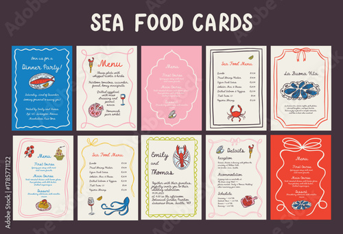 Whimsical hand drawn sea food poster and menu template in trendy whimsical style. Perfect doodle for quirky italian dinner  restaurant and cafe, kitchen wall art, poster,  party, birthday, sign