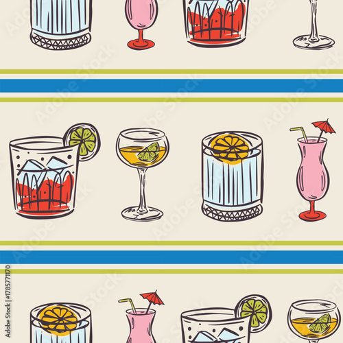 Whimsical hand drawn drinks, cocktails seamless pattern in trendy whimsical style. Perfect  background for quirky italian wedding holiday, poster cards, dinner and bar menu, fabric, wrapping paper.