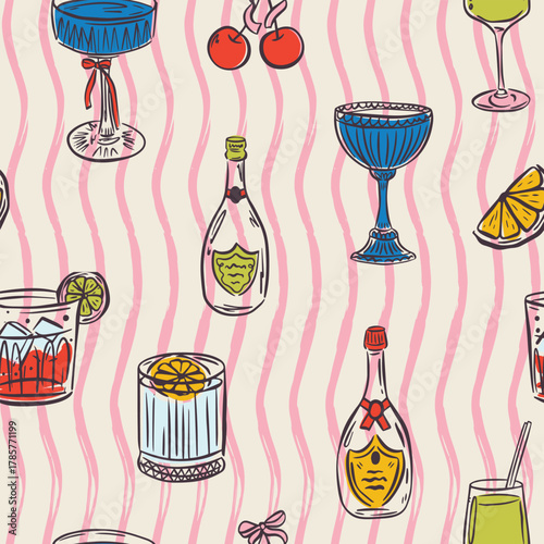 Whimsical hand drawn drinks, cocktails seamless pattern in trendy whimsical style. Perfect  background for quirky italian wedding holiday, poster cards, dinner and bar menu, fabric, wrapping paper.