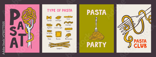 Whimsical Italian pasta lover club poster set with hand drawn doodles of spaghetti, penne, and ravioli. Vintage Mediterranean design perfect for kitchen decor or restaurant walls.