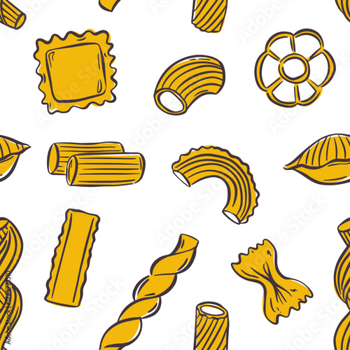 Playful Mediterranean pasta design with quirky line art noodles. Seamless pattern ideal for kitchen decor, wrapping paper, or restaurant branding. Cute background with spaghetti, penne, and ravioli.