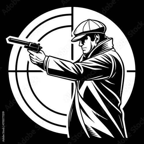Noir Gunman

Stylized noir silhouette of a man aiming a pistol, his cap shadowing his face. Graphic black and white composition with dramatic lighting and high contrast. Centered design with minimalis