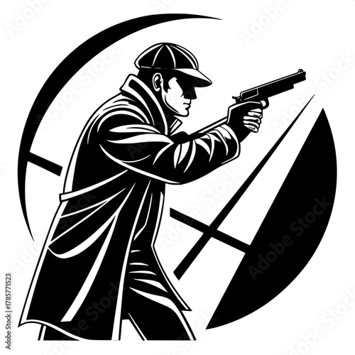 Noir Gunman

Stylized noir silhouette of a man aiming a pistol, his cap shadowing his face. Graphic black and white composition with dramatic lighting and high contrast. Centered design with minimalis