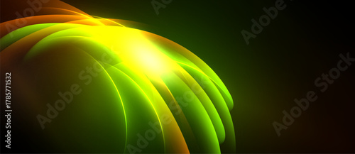 Bright abstract form radiates light. Green, yellow, orange hues blend, creating dynamic visual impact against dark background. Smooth gradients dominate.