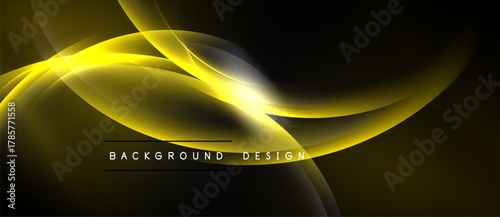 Abstract yellow waves over black background. Bright light source creates dynamic flow, modern design element. Simple text reads background design.