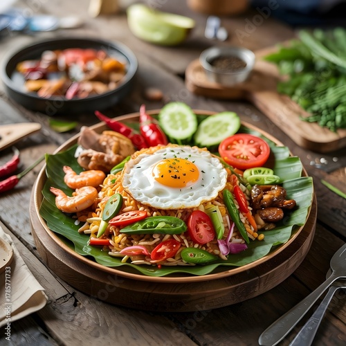 Authentic Indonesian Fried Rice Nasi Goreng – 3D Food Illustration with Tropical Lighting