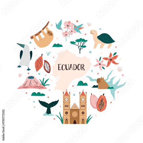 Ecuador & Galapagos Icon Set . Cute Animals, Plants, Culture & Landmarks