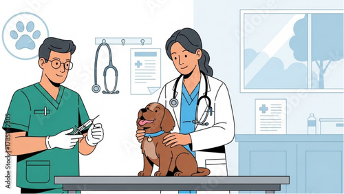 Veterinarian administering vaccination to a small dog at a clinic