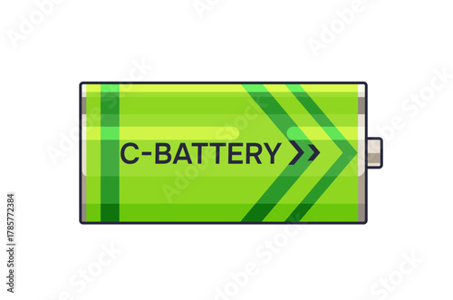 C Battery icon. Big lithium accumulator. Rechargeable dry alkaline electrical energy cell. Reusable green nickel element for charging electronics with power. Flat isolated vector illustration on white