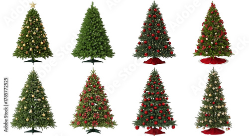 Collection of eight artificial christmas trees of various sizes and decorations, isolated on transparent background