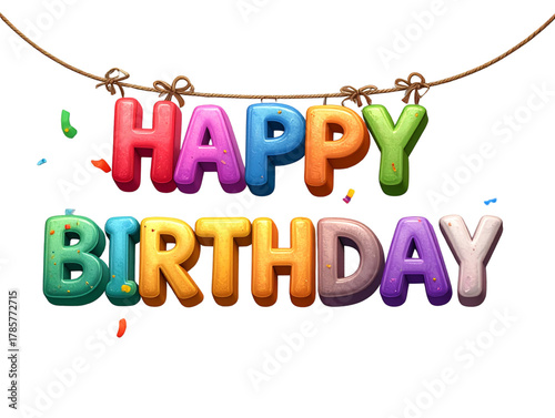  Happy Birthday Colorful 3D Text Banner Hanging on Rope with Confetti.