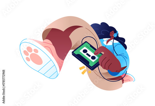 Happy black girl listens to music with headphones on audio cassette player. Young woman in headset dances and enjoys songs with mix tape records. Flat isolated vector illustration on white background