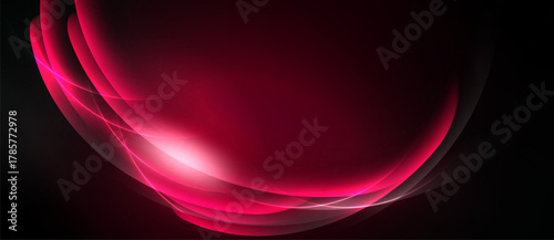 Abstract design features flowing pink lines, curves, gradients. Dark background enhances luminosity, creating dynamic visual effect.
