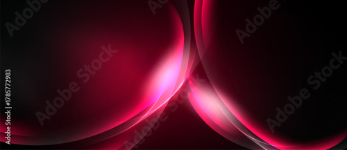 Abstract design features flowing curves, vibrant pinks, deep reds against black background. Smooth gradients create dynamic visual effect.