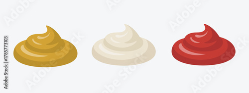 Sauce Stain Icon Set – Mustard, Mayonnaise and Ketchup Splash, Cartoon Dip Splatter, Food Drip and Seasoning Blobs, Liquid Dressing Elements, Vector Illustration