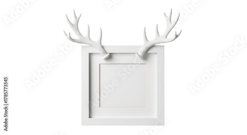 White square frame with white reindeer antlers, isolated on transparent background
