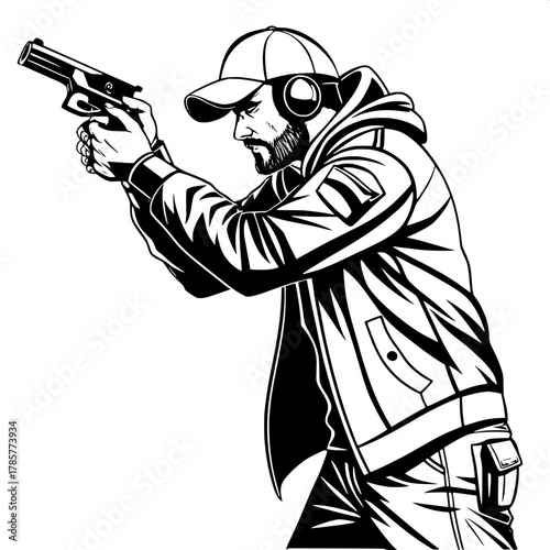 Tactical Silhouette

A bold black-and-white vector illustration of a man in tactical gear aiming a handgun, wearing a baseball cap and jacket. His face is shadowed, creating a sense of mystery and foc