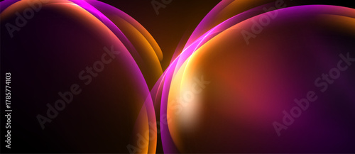 Abstract shapes blend, creating vibrant purple, orange hues. Smooth gradients suggest flowing forms, dynamic composition. Dark background emphasizes luminosity.