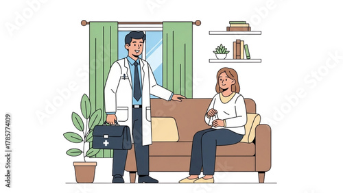 Doctor with patient in clinic waiting room, medical consultation illustration