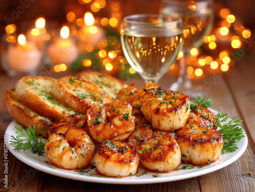 plate of seafood with white...