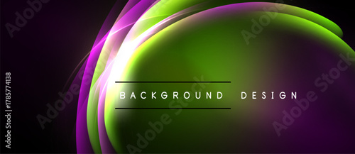 Abstract vibrant layers create flowing shapes. Green, purple hues dominate dark background. Text reads background design.