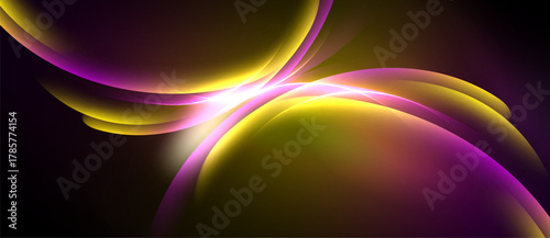Abstract flowing shapes, vibrant purple, yellow hues. Dynamic light creates soft glow, smooth gradients, modern design.