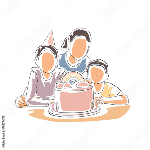 Mother with son and daughter posing behind pink birthday cake. Girl wearing party hat, happy family celebration. Isolated vector illustration, flat line art design.