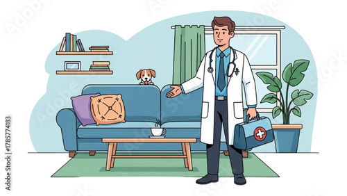 Veterinarian's Home Visit Caring Doctor in a Cozy Living Room with Pet Dog