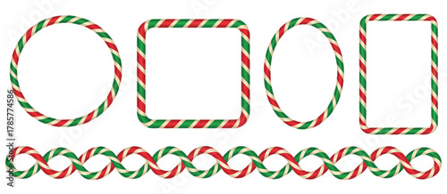 Candy Cane Border Set – Square, Circle and Oval Christmas Frames, Striped Lollipop Pattern Brush, Festive Vector Illustration for Holiday Design