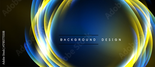Abstract design features layered glowing shapes. Blue, yellow hues create dynamic visual effect. Text reads background design.