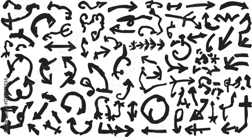 Assortment of Black Hand Drawn Arrows and Abstract Shapes on White Background Keywords: arrow, direction, pointer, sign, symbol, graphic, design, element, illustration, hand drawn, sketch, doodle
