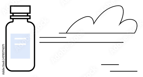 Medicine bottle with motion lines and abstract cloud symbolizing speed, efficiency, innovation, healthcare, logistics, technology, wellness. Ideal for healthcare, delivery pharmacy or treatment