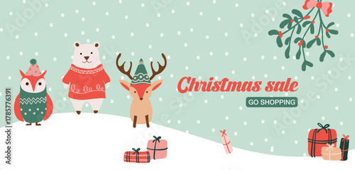 Bannière de site pour noël, animaux habillés avec écharpe, bonnets et pulls de Noel sous la neige. Illustrations vectorielles, parfaite pour les réseaux et les offres de fin d'année.