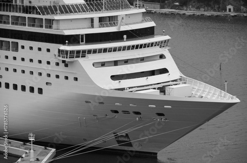 Italian family cruiseship cruise ship liner Lirica, Armonia or Sinfonia in port of Dubrovnik, Croatia during Summer Mediterranean cruising with harbor infrastructure marine traffic