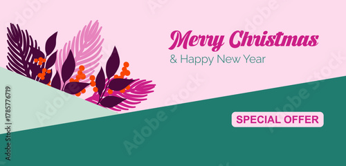 Modele de design horizontal pour Noël, parfait en en-tête de site web ou comme bannière pour les réseaux. Décoration vectorielles aesthetic chic et élégante dans les tons vert et rose